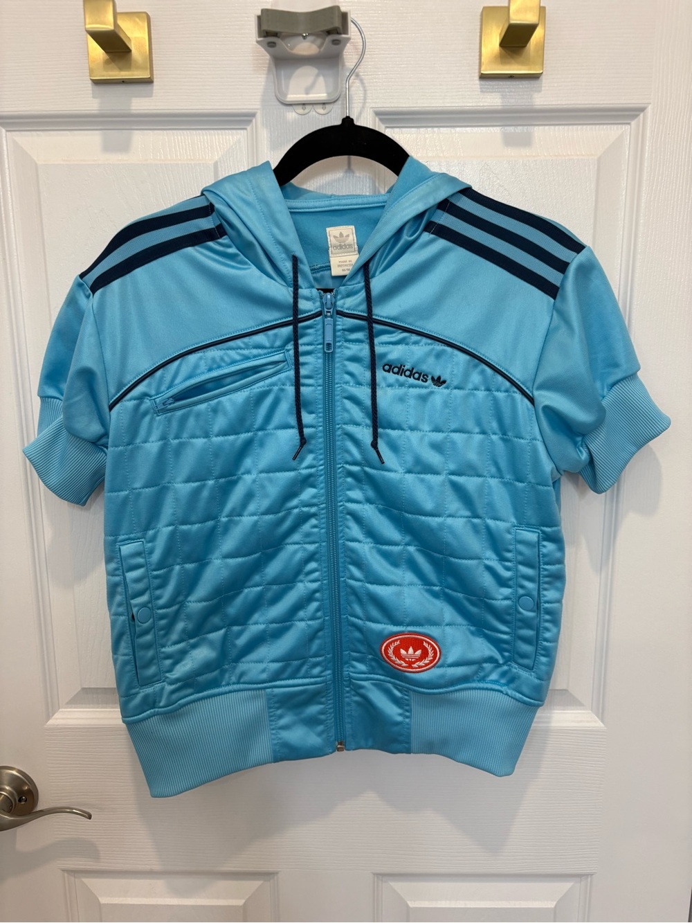 Vintage Adidas Light Blue Hooded Short-Sleeve Jacket with Navy Stripes #1436